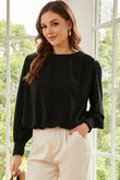 Padded Shoulder Buttoned Cuffs Pleated Loose Blouse