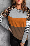 Leopard Striped Color Block Long Sleeve Blouse