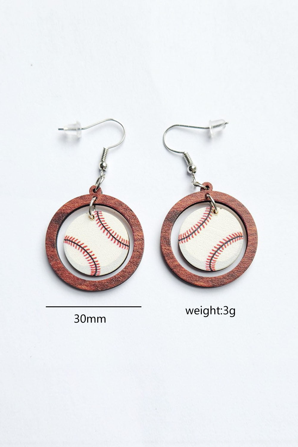 Baseball Pattern Wood Round Drop Earrings