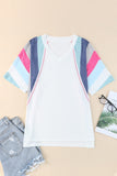 Stripe Patchwork V Neck T Shirt