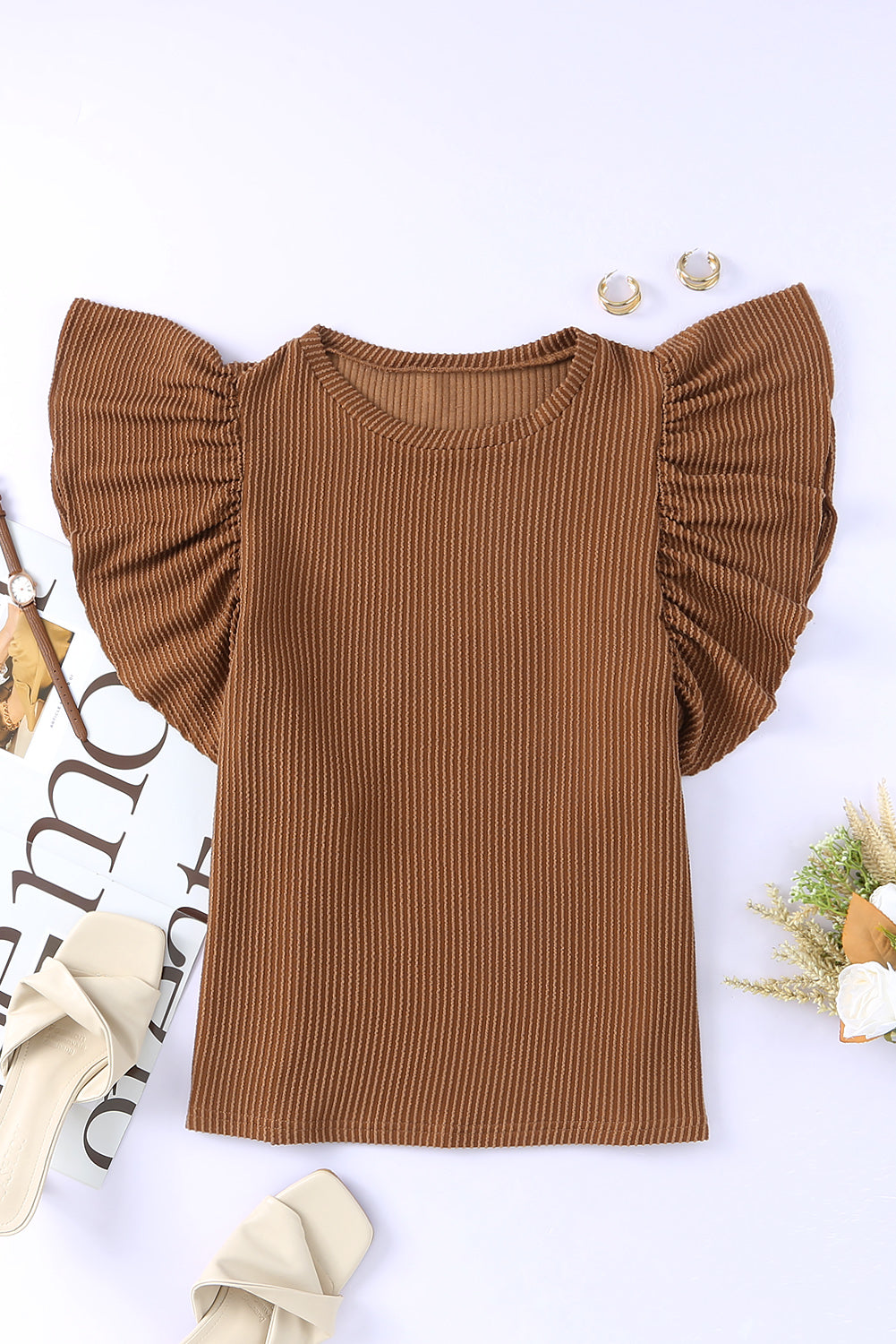 Ribbed Knit Ruffled Short Sleeve T Shirt