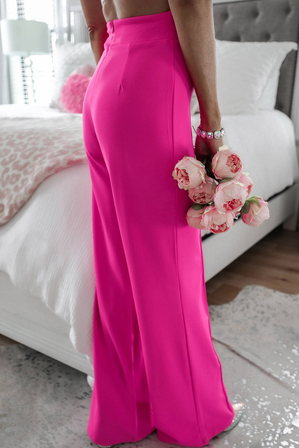 Rhinestone Buckle Sash Wide Leg Pants