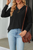 Pleated V Neck Jacquard Long Sleeve Top