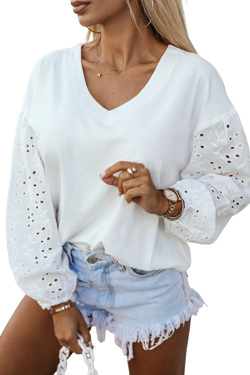 V-neck Embroidered Patchwork Puff Sleeve Blouse