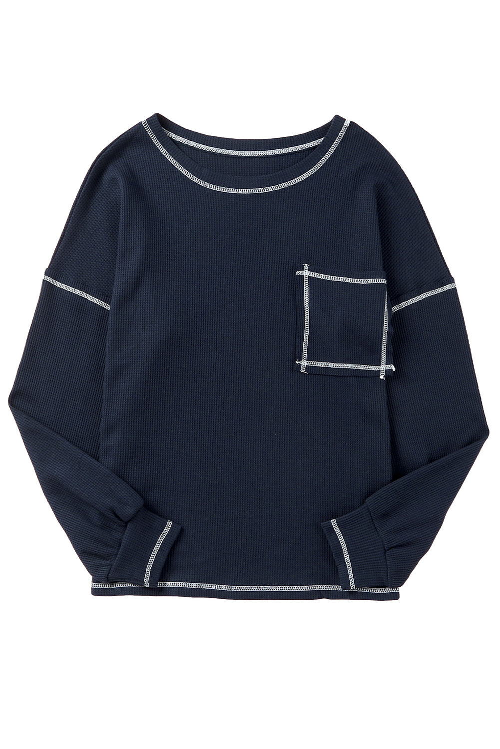 Contrast Stitching Trim Waffle Knit Pullover