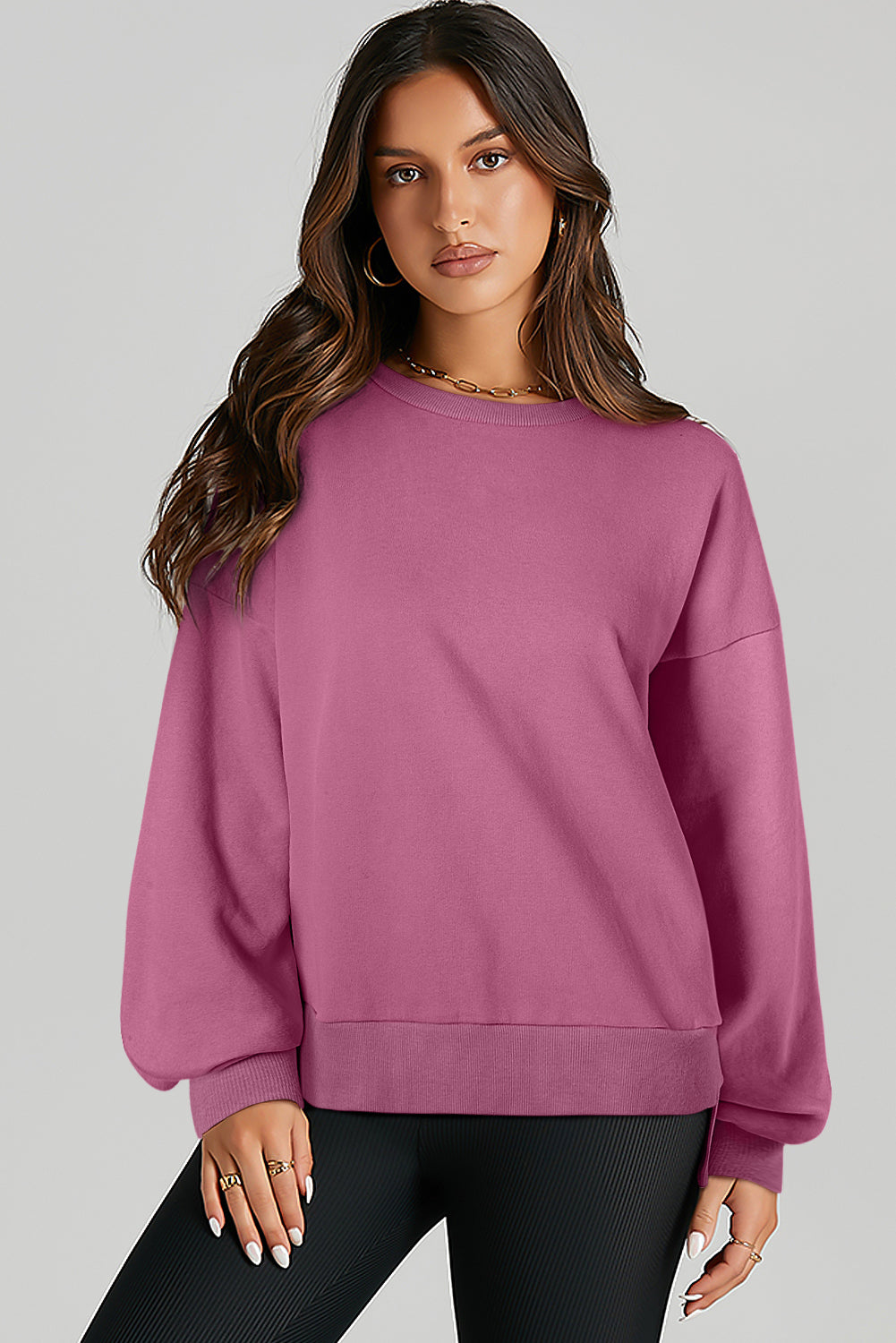 Parchment Solid O Neck High Low Hem Pullover Sweatshirt