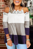 Color Color Block Lace Patchwork Cold Shoulder Blouse