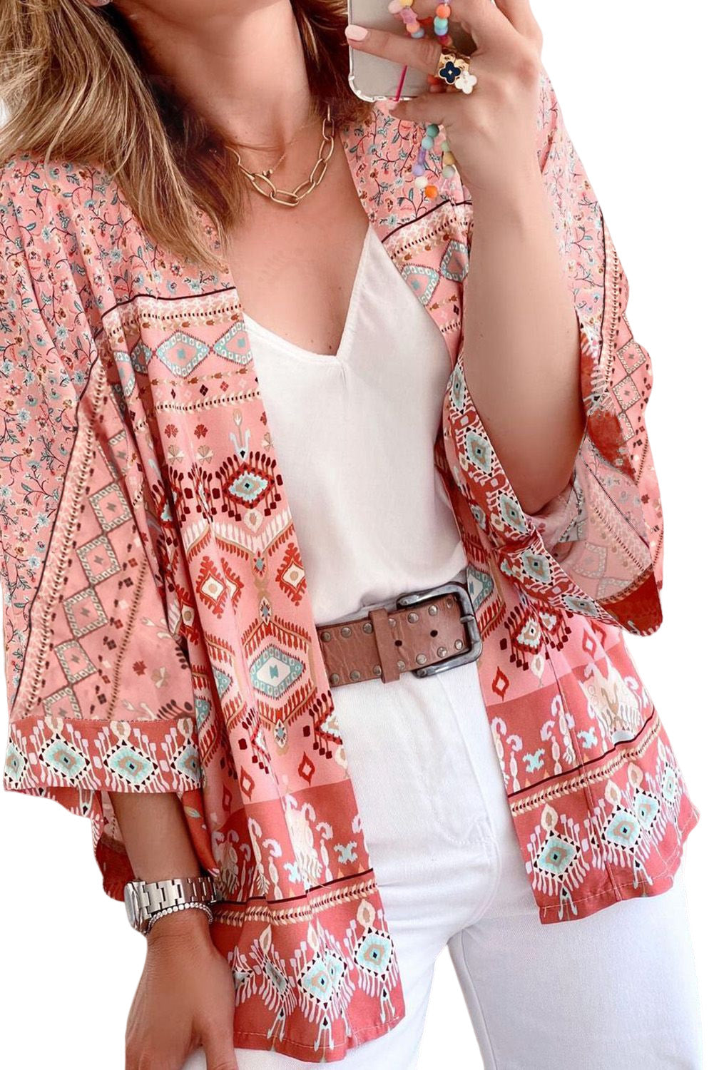 Floral Aztec Print 3/4 Sleeve Open Front Kimono