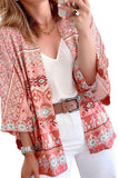 Floral Aztec Print 3/4 Sleeve Open Front Kimono