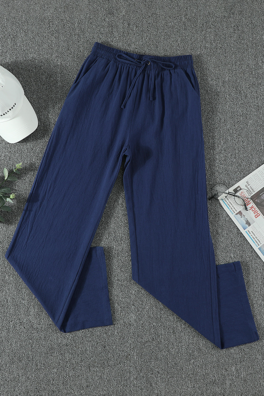 Drawstring Elastic Waist Pockets Long Straight Legs Pants