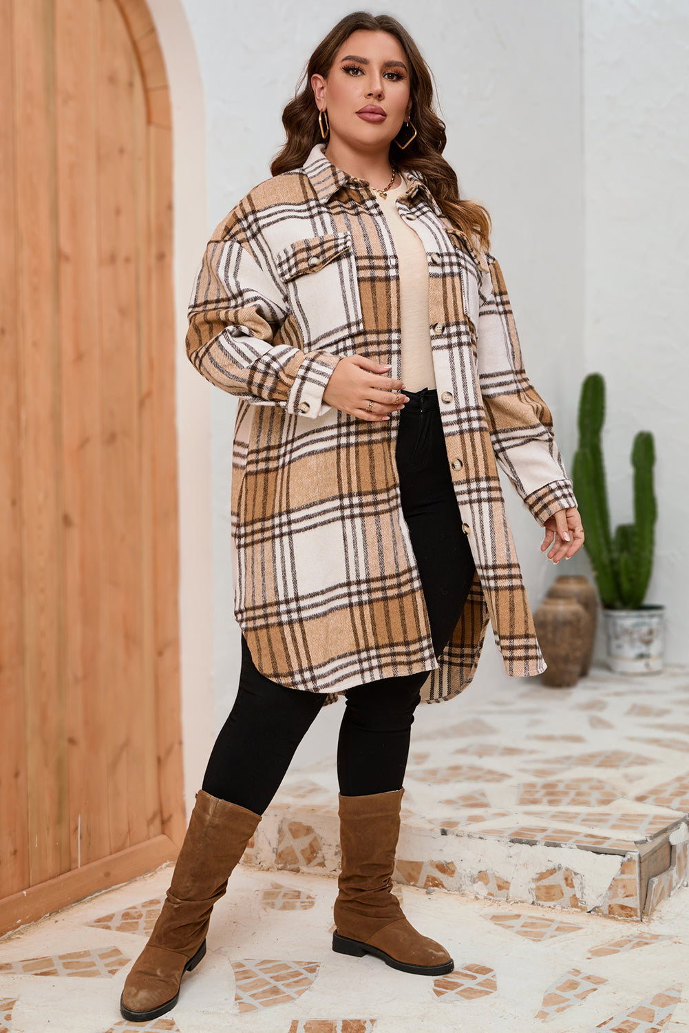 Plus Size Plaid Chest Pockets Long Shacket