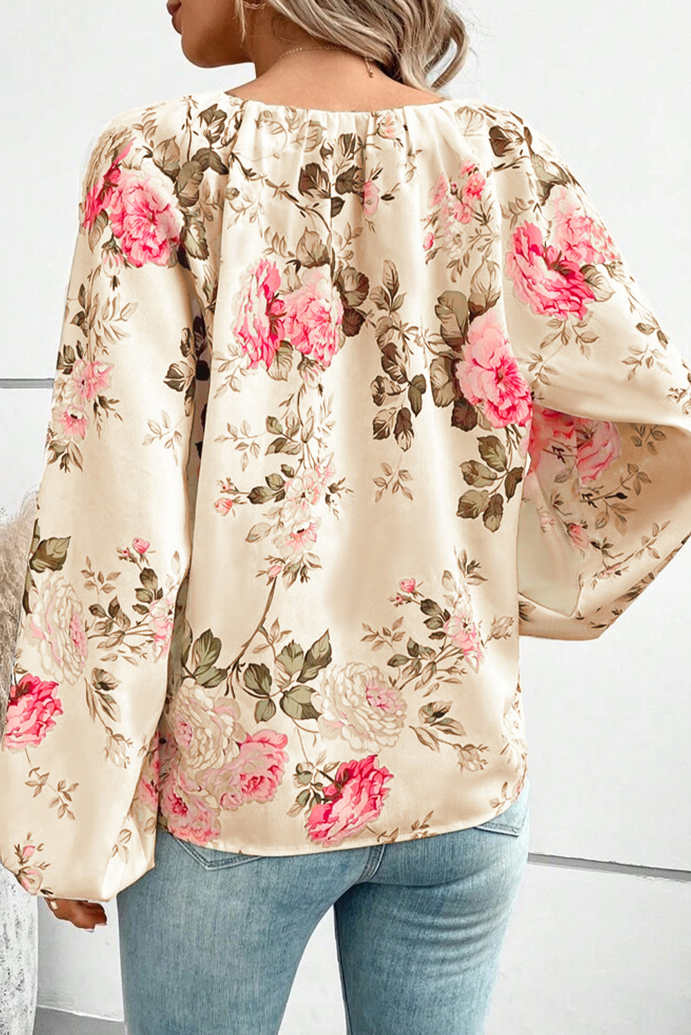 Floral Print Lantern Sleeve V-Neck Blouse