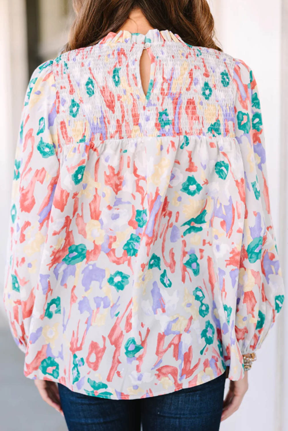 Printed Frilled Neck Smocked Loose Blouse