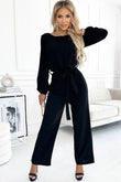 Boat Neck Bubble Sleeve Straight Legs Jumpsuit with Belt Tie