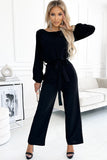 Boat Neck Bubble Sleeve Straight Legs Jumpsuit with Belt Tie