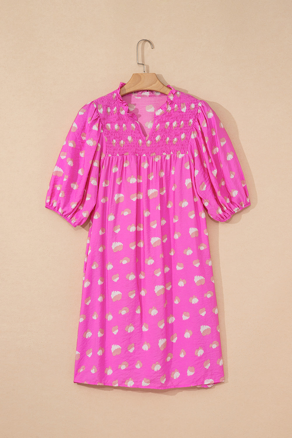 Bright Pink Printed Shirred Yoke Half Puff Sleeve Dress