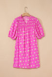 Bright Pink Printed Shirred Yoke Half Puff Sleeve Dress