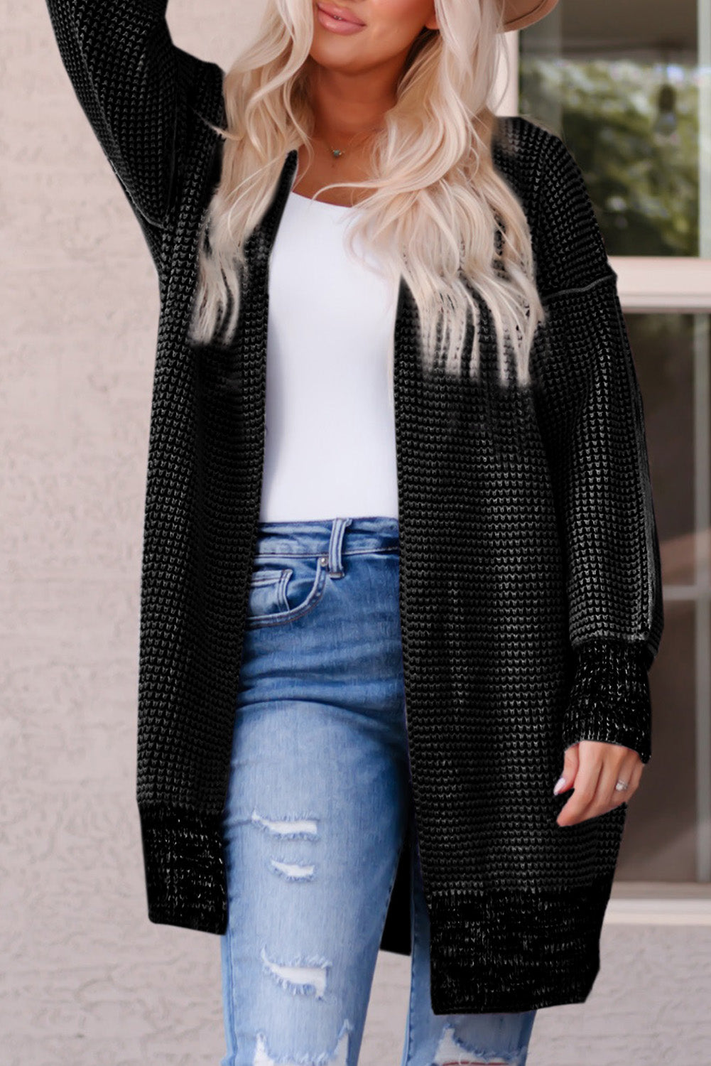 Gray Textured Knit Pocketed Duster Cardigan