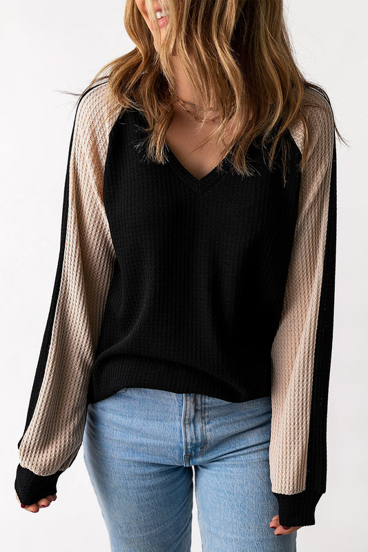 V Neck Contrast Block Waffle Knit Top