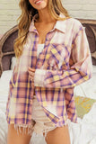 Purple Bleached Plaid Print Exposed Seam Shirt