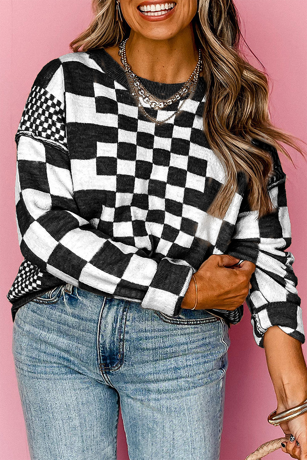 Black Checkered Print Drop Shoulder Round Neck Sweater