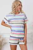 Striped Print Tee and Shorts Lounge Set