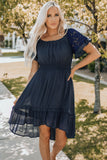 Lace Ruffle Sleeve Cinch Waist Smocking Dress