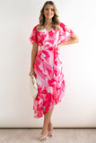 Abstract Print Asymmetric Ruffle Hem Belted Dress