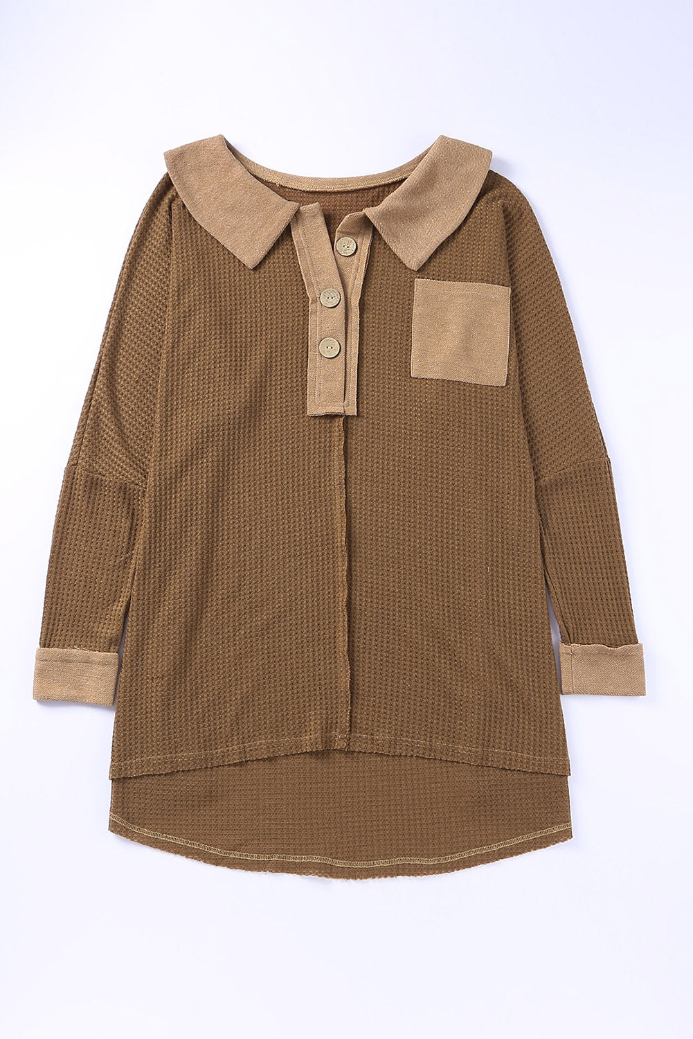 Brown Waffle Knit Buttoned Long Sleeve Top