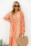 Boho Floral Wrap V Neck Tie Long Sleeve Dress