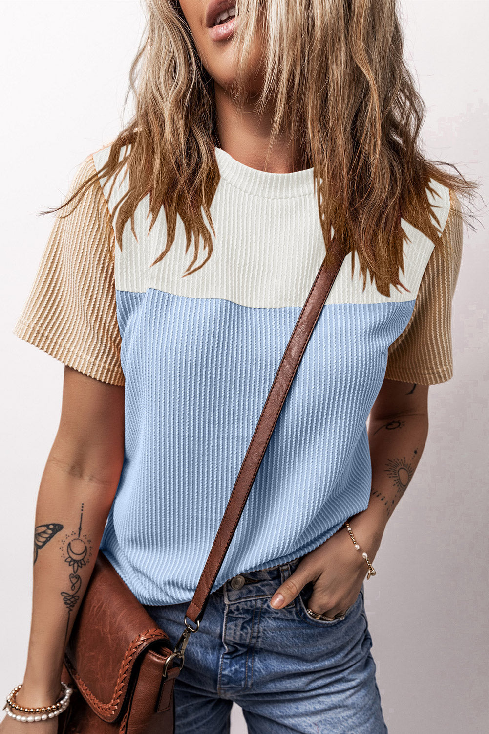 Pink Rib Textured Colorblock T Shirt