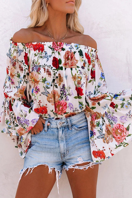 Blouse multicolore à fleurs et épaules dénudées à manches cloche