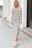 Striped Print Side Split Short Sleeve V Neck Maxi Dress