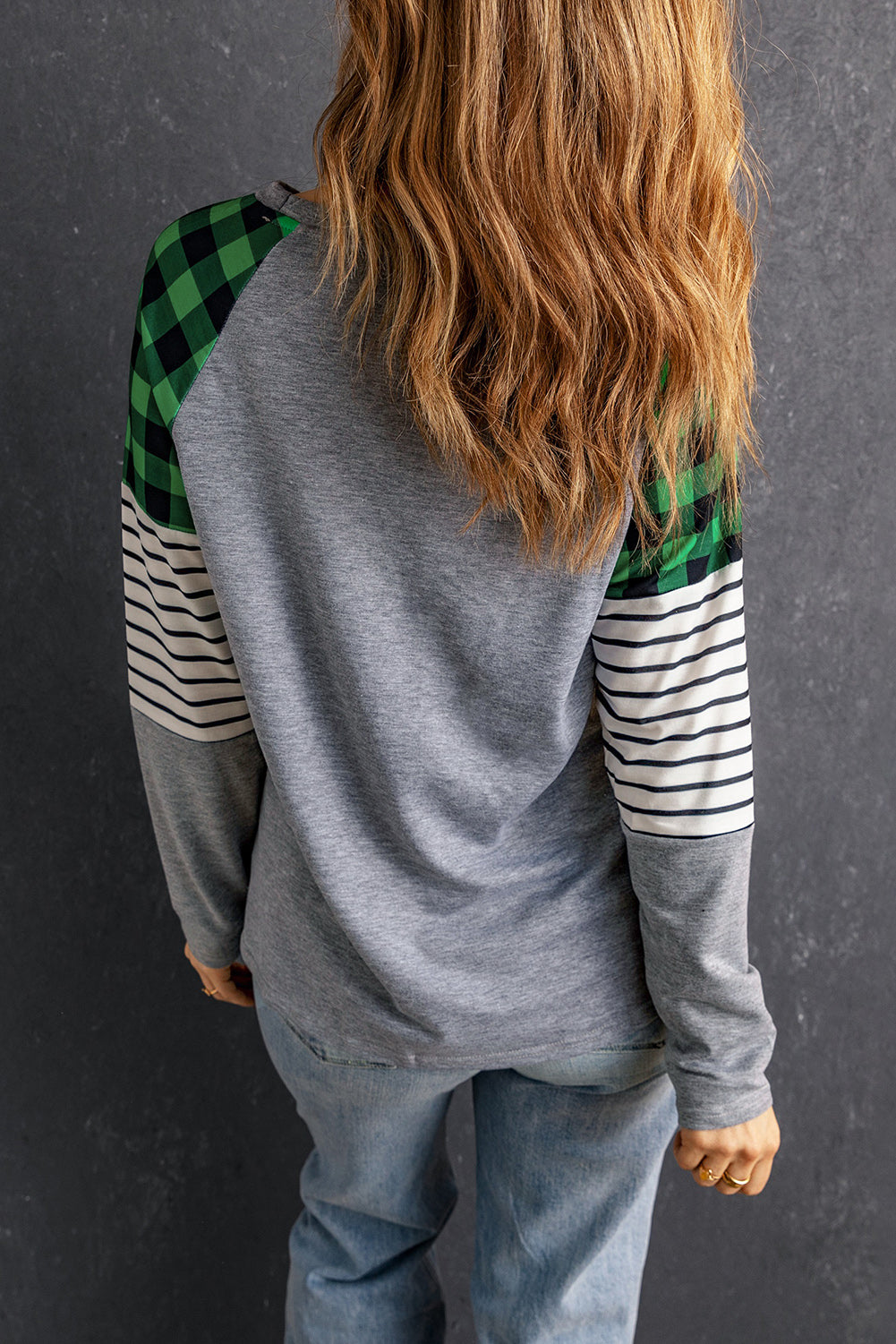 Green Buffalo Plaid & Stripe Splicing Long Sleeve Top