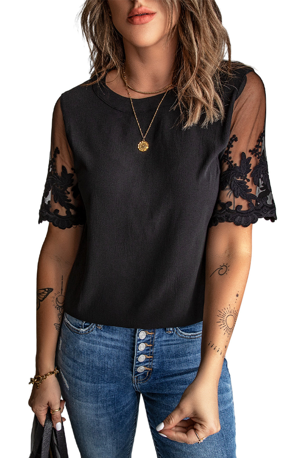 Floral Lace Sleeve Patchwork Top