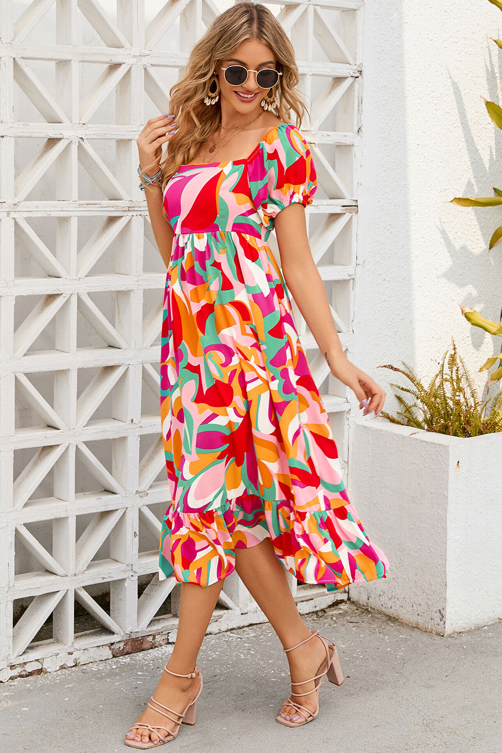 Abstract Print Square Neck Flowy Midi Dress