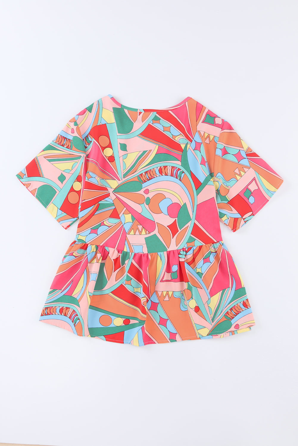 Abstract Geometry Print Half Puff Sleeve Loose Shirt