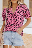 Leopard Notch Neck Bubble Sleeve Blouse