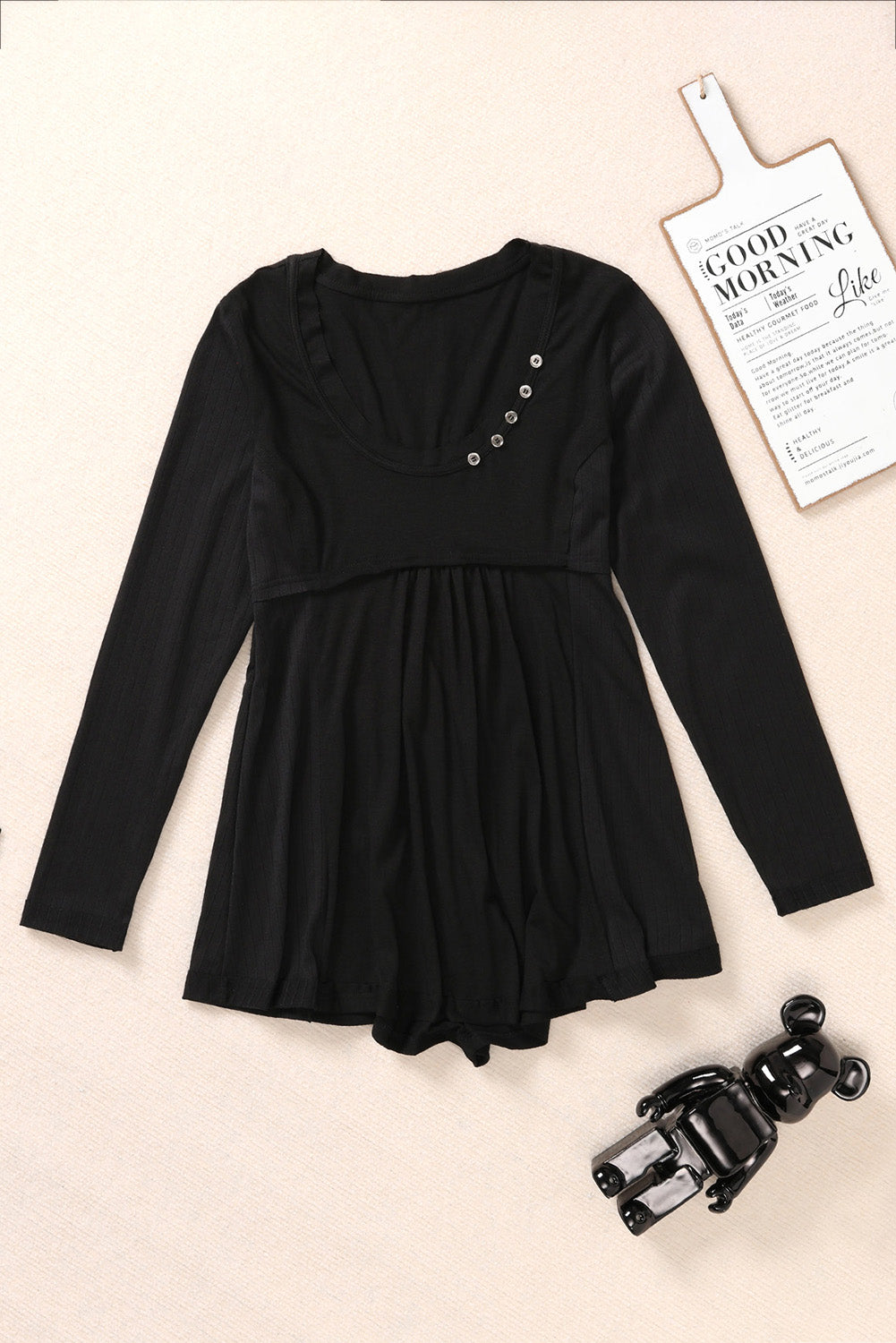 Solid Color Buttons Long Sleeve Babydoll Blouse