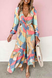 Abstract Print O-ring Cut out Long Sleeve Maxi Dress