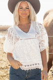 White Lace Crochet Hollowed Scallop Hem V Neck Blouse