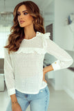 Hollowed Long Sleeve Round Neck Ruffled Blouse