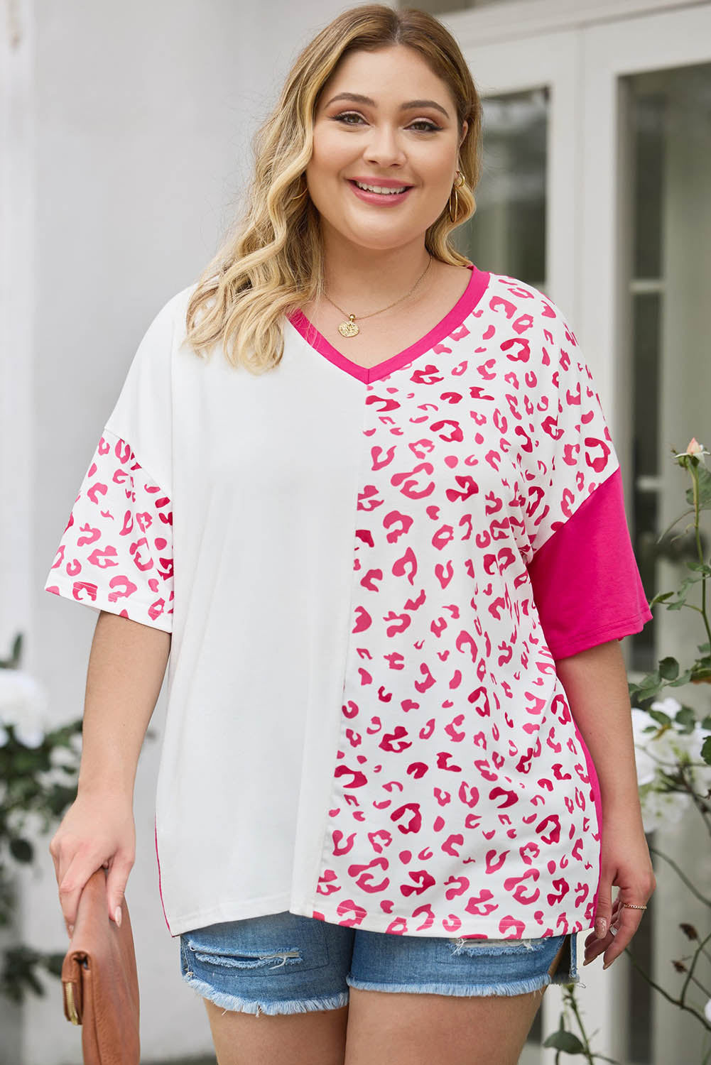 Plus Size Leopard Patchwork Short Sleeve Top