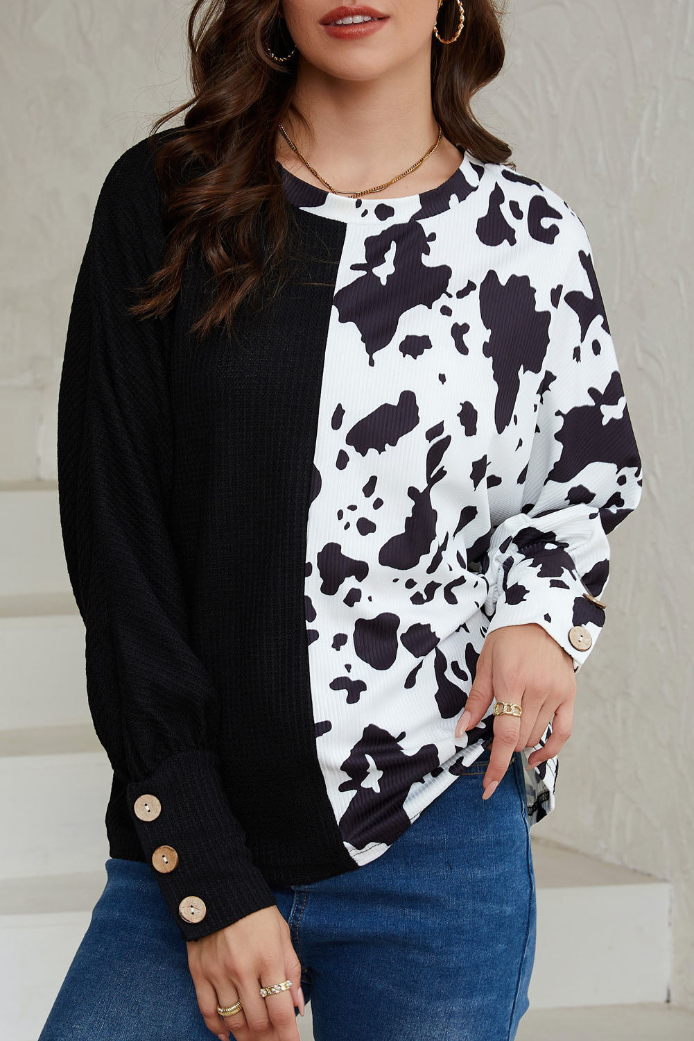 Cow Patchwork Waffle Knit Long Sleeve Top