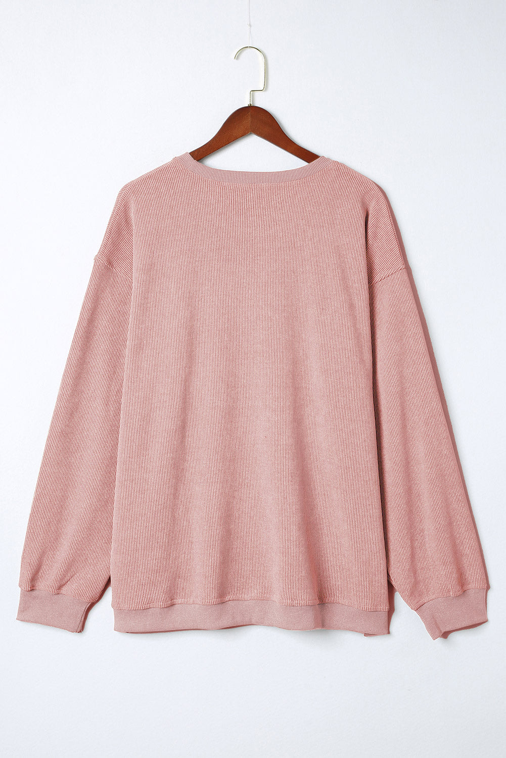 Pink Solid Ribbed Knit Round Neck Pullover Sweatshirt