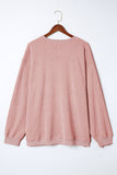 Pink Solid Ribbed Knit Round Neck Pullover Sweatshirt