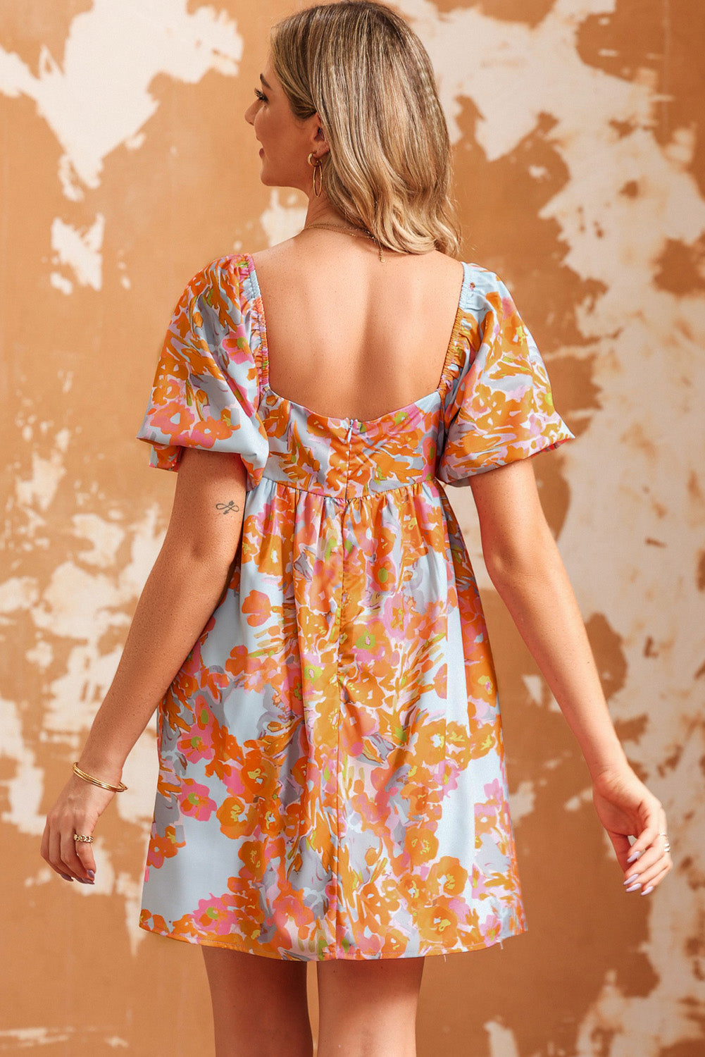 High Waist Square Neck Puff Sleeve Floral Dress