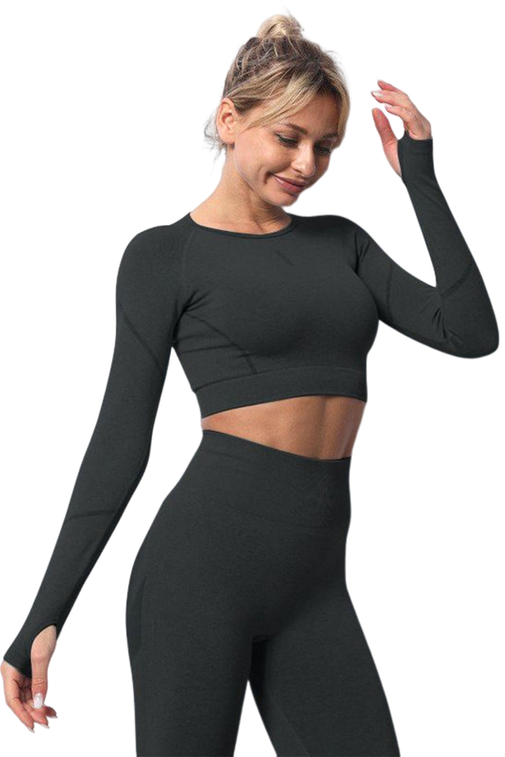 Solid Color Long Sleeve Yoga Crop Top