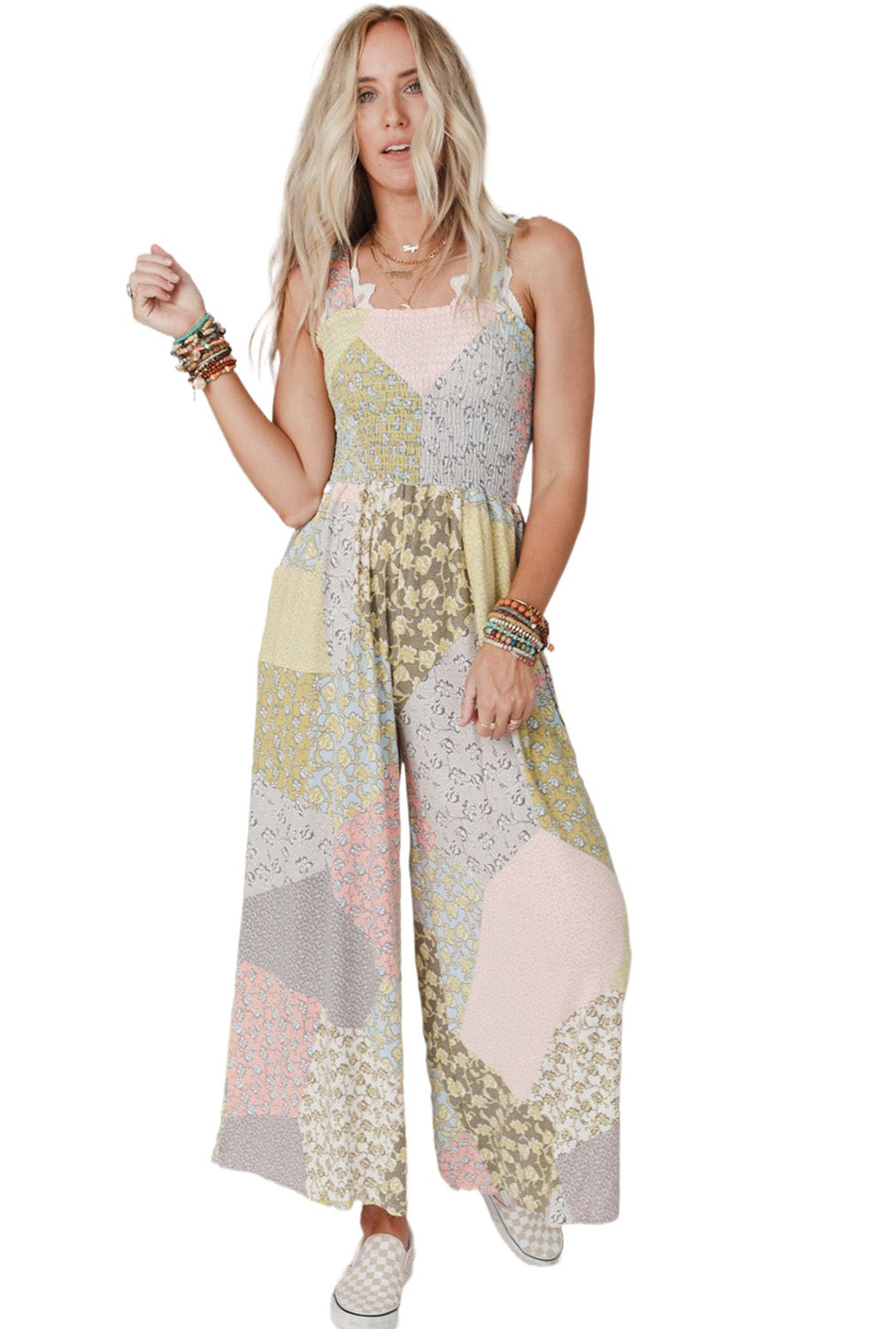 Irregular Patchwork Print Smocked Wide Leg Jumpsuit