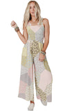 Irregular Patchwork Print Smocked Wide Leg Jumpsuit